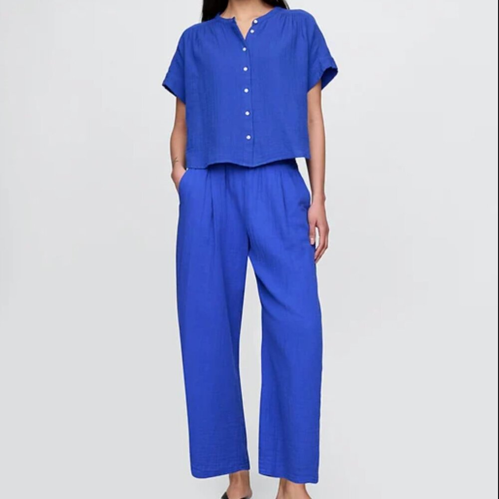 SET-GAP Crinkle Gauze Easy Barrel Pants & Dolman Shirt L, Dazzling Blue